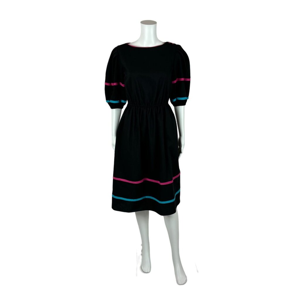Vintage 80s Striped Dress Women's Small Black Hot Pink Puff Sleeves Fit And Flar
